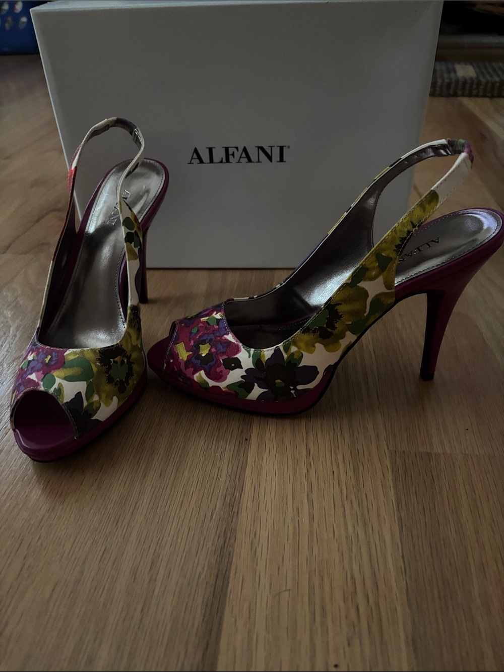 Alfani Multicolor Floral Peep-Toe Slingback Heels with Fuchsia Accents